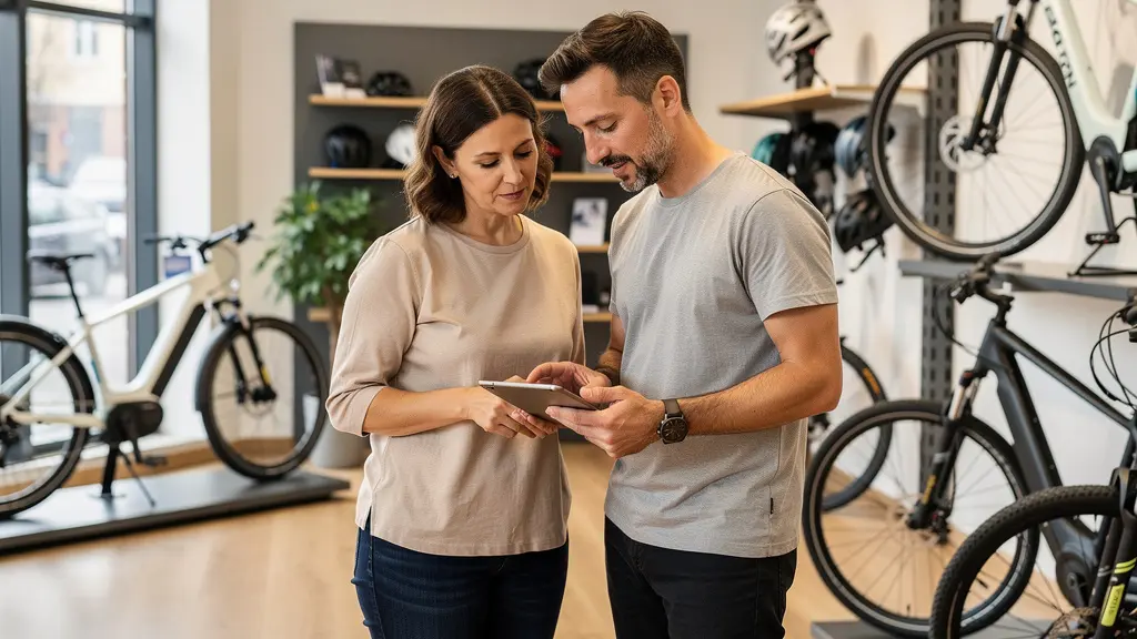 Couple consultant les options de financement vélo électrique en boutique