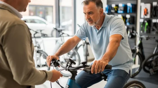 Client testant un vélo électrique HollandBikes dans une boutique spécialisée