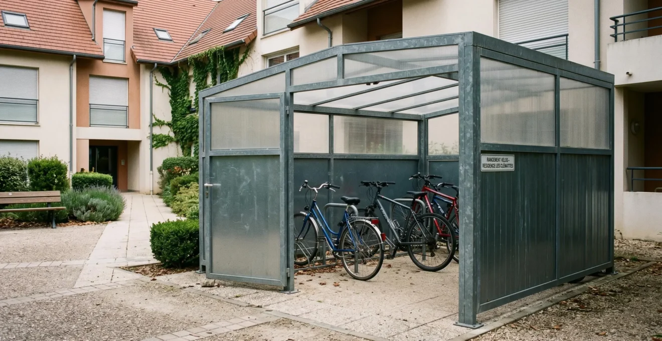 Un abri vélo fermé en métal avec toit transparent abritant trois vélos dans une cour résidentielle
