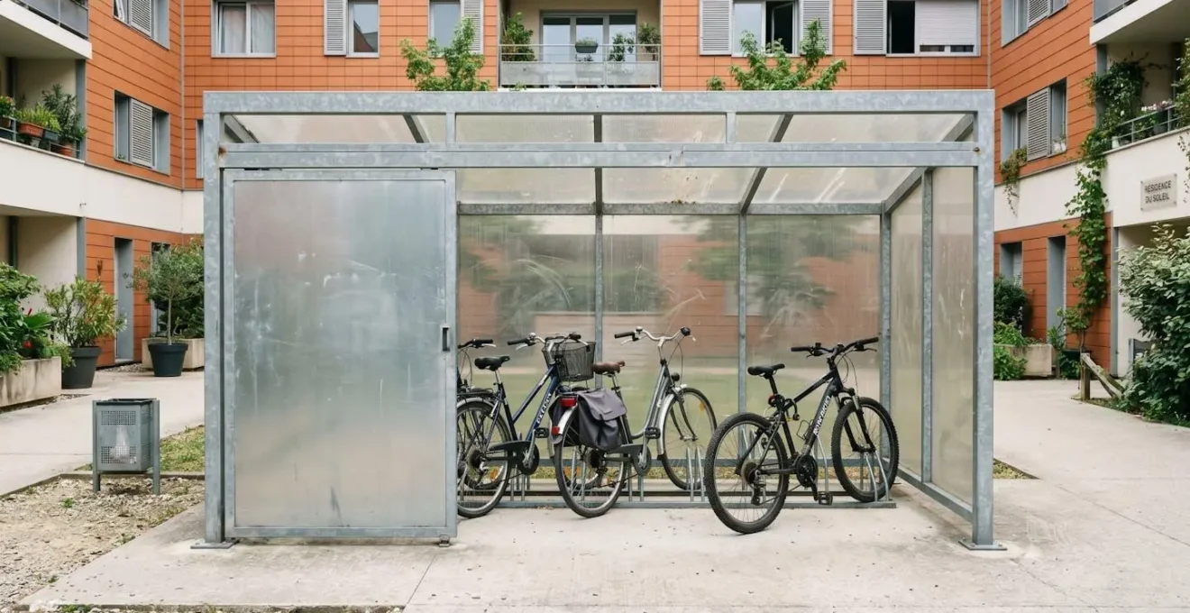 Un abri vélo fermé en métal avec toit transparent abritant trois vélos dans une cour résidentielle