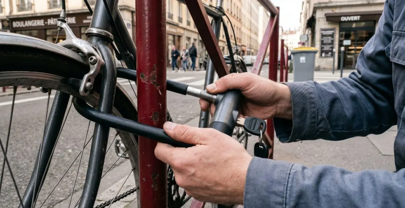 Gros plan sur des mains attachant un antivol en U à travers le cadre et la roue avant d