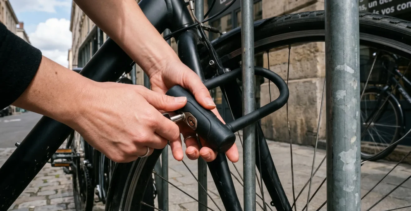 Gros plan sur des mains attachant un antivol en U à travers le cadre et la roue avant d