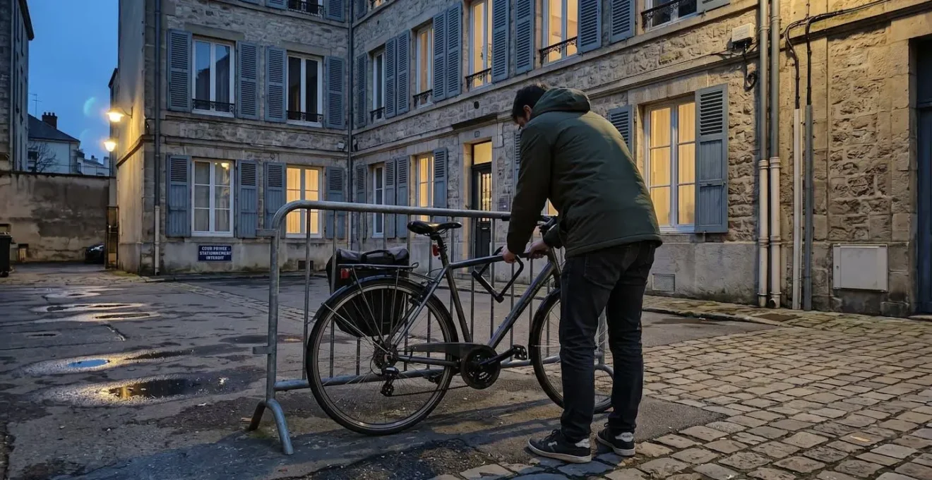 Une personne de dos attache son vélo à une barrière métallique dans une cour urbaine au crépuscule