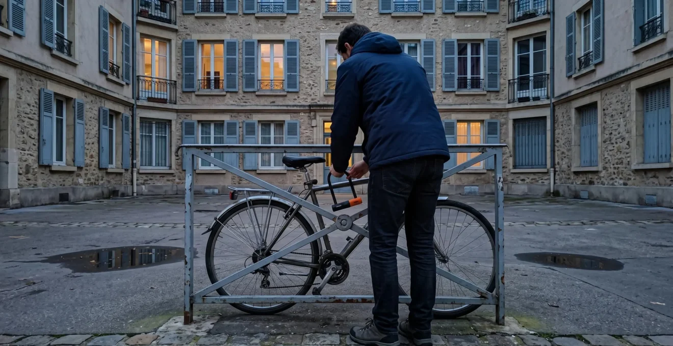 Une personne de dos attache son vélo à une barrière métallique dans une cour urbaine au crépuscule