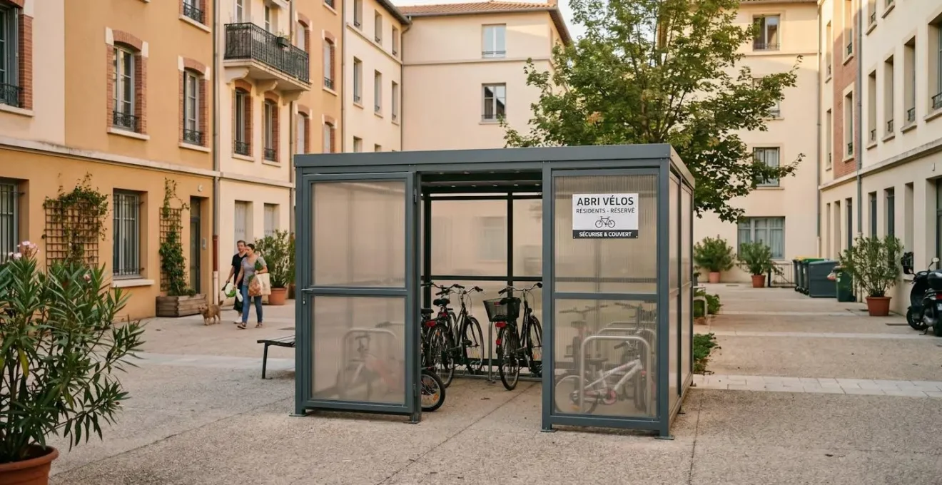 Abri vélo métallique fermé installé dans une cour de résidence urbaine française, plusieurs vélos stationnés à l'intérieur, architecture résidentielle contemporaine en arrière-plan, lumière naturelle d'après-midi