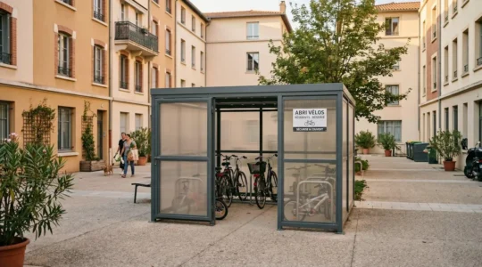 Abri vélo métallique fermé installé dans une cour de résidence urbaine française, plusieurs vélos stationnés à l'intérieur, architecture résidentielle contemporaine en arrière-plan, lumière naturelle d'après-midi