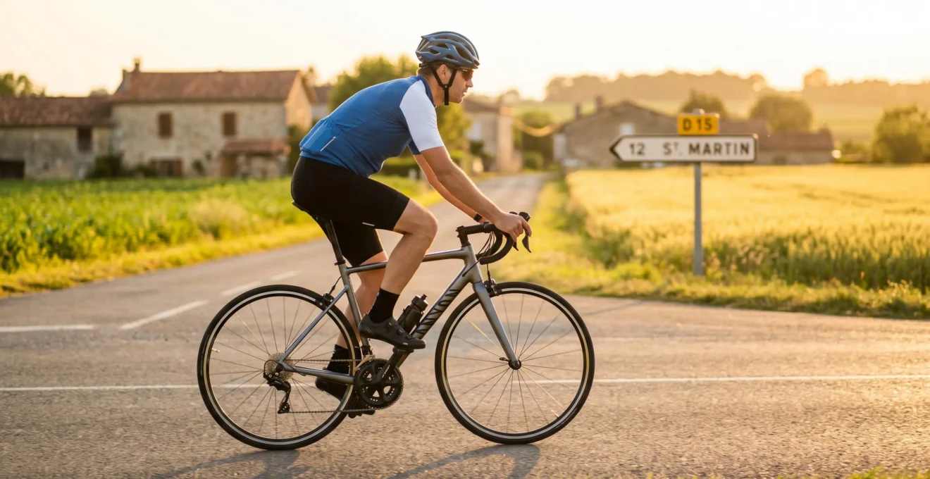 Cycliste amateur en sortie vélo route sur route départementale française, lumière dorée, vélo moderne avec transmission apparente