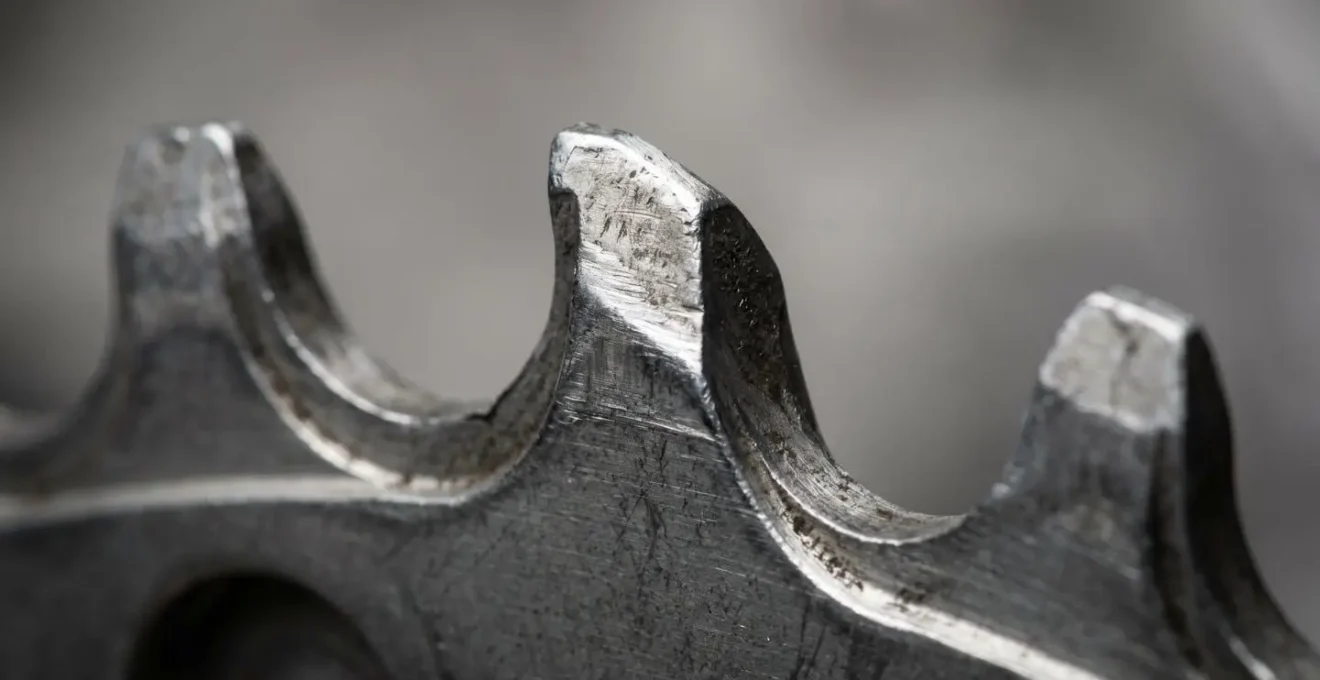 Gros plan macro sur dent de plateau aluminium usée présentant profil asymétrique en dent de requin