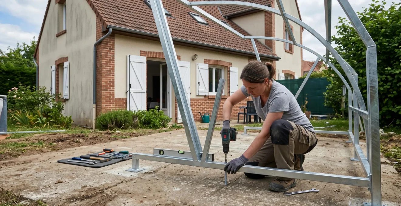 Personne installant et ancrant au sol une structure d'abri vélo métallique dans jardin de maison individuelle, outils visibles, geste technique précis de montage
