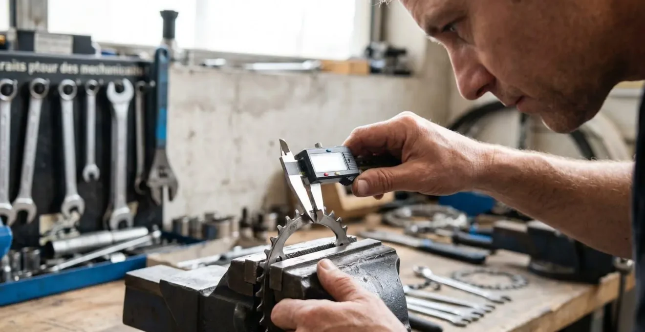 Mécanicien cycles mesurant au pied à coulisse numérique l'épaisseur d'une dent de plateau vélo route sur établi d'atelier