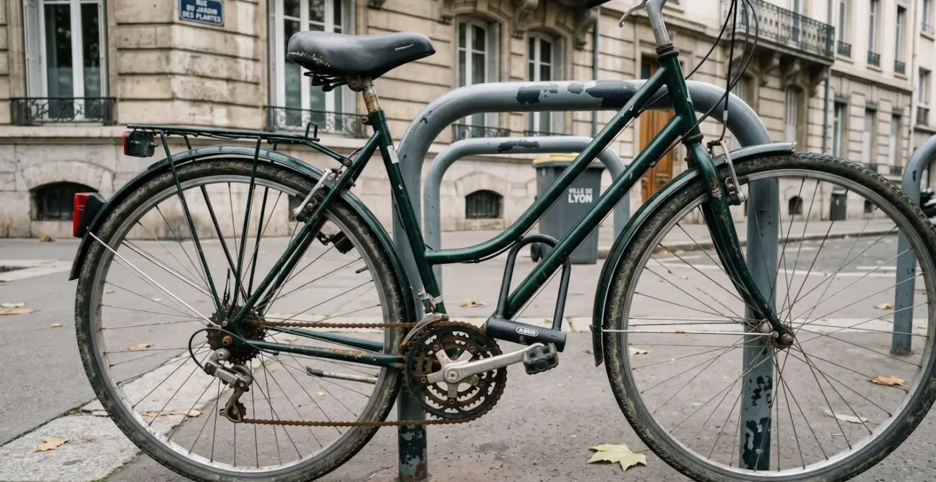 Vélo attaché à un arceau municipal urbain présentant des signes de dégradation climatique, traces de rouille sur chaîne, selle usée, contexte de rue française